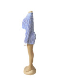 Women Spring and Summer Career Casual Turndown Collar Striped Long Sleeve Shirt Shorts Two-piece Set