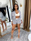 Women Spring and Summer Career Casual Turndown Collar Striped Long Sleeve Shirt Shorts Two-piece Set