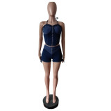 Women Stretch Suspender Denim Top and Shorts Two-Piece Set