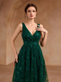 Women High Mesh Embroidered V-Neck Slit Evening Dress（Processing time need 3-6 days）
