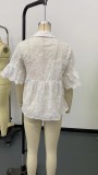 Women spring and summer Half-Sleeve Turndown Collar cardigan lace hollow T-shirt