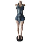 Women Denim Halter Neck Lace-up Stretch Romper