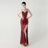 Women Beaded Tube Fishbone Lace-Up Sequin Formal Party Evening Dress