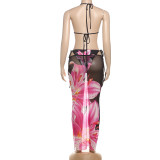 Women Summer Printed Sexy Bikini See-Through Skirt Two-Piece Set