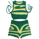 Women Sleeveless Tank Top Lace-Up Printed Casual Top and Shorts Two-Piece Set
