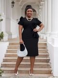 Plus Size Women Elegant Bodycon Ruffle Solid Dress