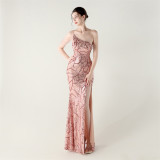 Women One Shoulder Beaded Sequin Embroidery Formal Party Prom Wedding Evening Dress