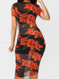 Women Printed Mesh Dress + Vest + Shorts Three-Piece