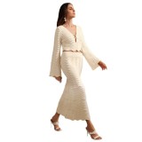 Women Solid Sexy Crop Knitting Top and Skirt Casual Holidays Two-piece Set