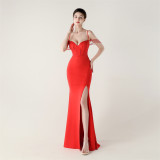 Women Fishbone Lace Sequin Wedding Fishtail Evening Dress