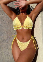 Women Solid Ruffle Low-neck Bikini Lace Two Pieces Swimwear