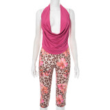 Women Solid Halter Neck Backless Top and Leopard Print Shorts Two-piece Set