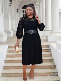 Plus Size Women lace hook flower sexy hollow pleated dress