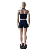Women Stretch Suspender Denim Top and Shorts Two-Piece Set