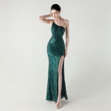 Women One Shoulder Beaded Geometric Sequin Formal Party Prom Wedding Evening Dress