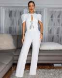 Women Style Line Bow Short Sleeve Casual Wide Leg Jumpsuit