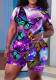 Plus Size Women Butterfly Print Casual Short Sleeve Top and Shorts Two-Piece Set