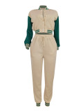 Women Patchwork Baseball Jacket and Pants Two-piece Set