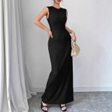 Women Summer Round Neck Solid Ribbed Dress