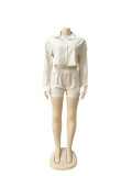 Women Spring and Summer Career Casual Turndown Collar Striped Long Sleeve Shirt Shorts Two-piece Set