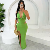 Women Spring Summer Sexy Halter Neck Backless Solid Bodycon Slit Dress