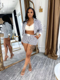 Women Spring and Summer Career Casual Turndown Collar Striped Long Sleeve Shirt Shorts Two-piece Set