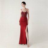 Women Fishbone Lace-Up Sequin Embroidery Formal Formal Party Evening Dress
