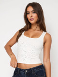 Women Beaded U-neck Vest Crop Top T-shirt
