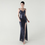 Women Beaded Tube Fishbone Lace-Up Sequin Formal Party Evening Dress
