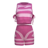 Women Sleeveless Tank Top Lace-Up Printed Casual Top and Shorts Two-Piece Set