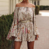 Women Spring Women Off Shoulder Printed Long Sleeve Mini Dress