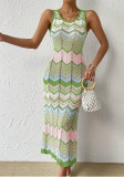 Women Round Neck Knitting Contrast Bodycon Sexy Beach Holidays Sleeveless Maxi Dress