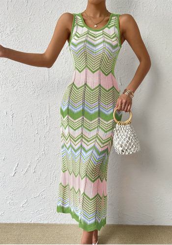 Women Round Neck Knitting Contrast Bodycon Sexy Beach Holidays Sleeveless Maxi Dress