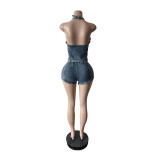 Women Denim Halter Neck Lace-up Stretch Romper