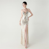 Women Beaded Tube Fishbone Lace-Up Sequin Formal Party Evening Dress