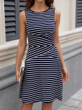Women spring and summer striped plaid Round Neck sleeveless color matching Pleated dress