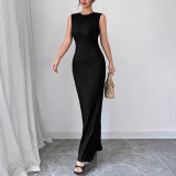 Women Summer Round Neck Solid Ribbed Dress