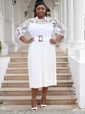 Plus Size Women lace hook flower sexy hollow pleated dress
