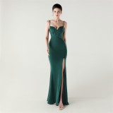 Women Strappy Heart-Shaped Lace Grid Embroidery Beaded Fishbone Formal Party Evening Dress