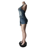 Women Denim Halter Neck Lace-up Stretch Romper