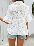 Women spring and summer Half-Sleeve Turndown Collar cardigan lace hollow T-shirt