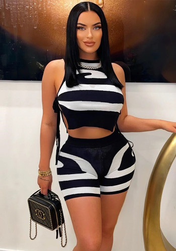 Women Sleeveless Tank Top Lace-Up Printed Casual Top and Shorts Two-Piece Set