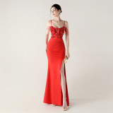 Women Fishbone Lace-Up Formal Formal Party Prom Strappy Sequin Evening Dress