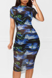 Women Printed Mesh Dress + Vest + Shorts Three-Piece