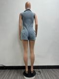 Women Casual Sexy Zipper Stretch Denim Bubble Jumpsuit