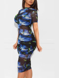 Women Printed Mesh Dress + Vest + Shorts Three-Piece
