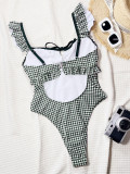 Women Retro Pink Plaid Sexy Open Back Lace-Up Holidays One-piece Swimwear