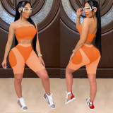 Women's summer fashionable color matching tight fitting strapless two-piece shorts set
