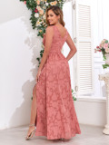 Women Printed Chiffon Party Sleeveless V-Neck Slit Evening Dress（Processing time need 3-6 days）
