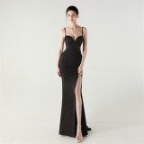 Women Strappy Heart-Shaped Lace Grid Embroidery Beaded Fishbone Formal Party Evening Dress